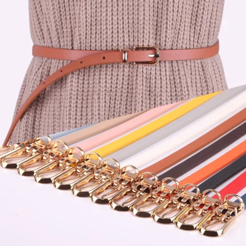 Women Faux Leather Belts Candy Color Thin Skinny Waistband Adjustable Belt