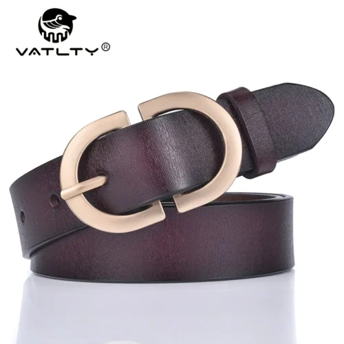 VATLTY Official Authentic Woman Leather Belt Golden Alloy Buckle
