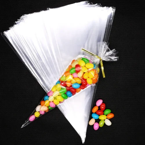 100pcs Transparent Candy Packing Bags Wedding Birthday Party Decoration Sweet Cellophane Candy Bag Cone Storage Packaging Bag