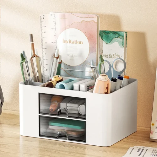 Storage Box Pen Holder With 2 Drawers