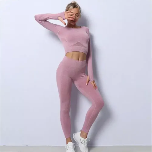 Women Yoga 2 Pieces Workout Outfits Seamless High Waist Leggings Sports Crop Top Running Clothes Sets