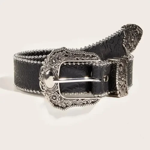 Western PU Leather Belt Western Cowboy Women Cowgirl Unisex Waist Belt with Metal Engraved Buckle