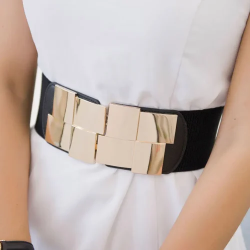 New Women Elastic Waist Closure Wide Belt Gold Square Buckle Dress Decorative Belt