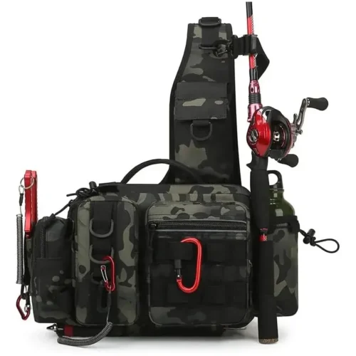 Fishing Tackle Backpack Lure Box Gear Storage Bag Fanny Pack for Men Fly Fishing Backpack with Rod Holder Sling Shoulder Bag