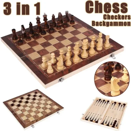 3 in 1 Chess Board, Folding Wooden Portable Chess Game Board, Wooden Chess Board for Adults(Chess + Checkers and Backgammon)