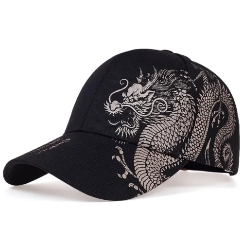 Unisex Baseball Cap Black Adjustable Cap Dragon Print Casual Snapback Hat
