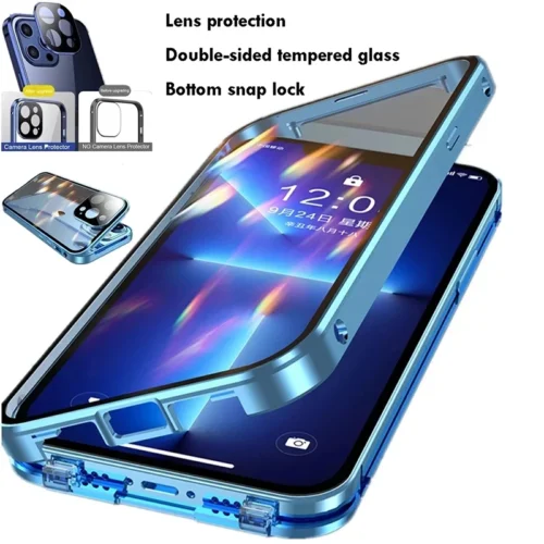 360°Full Protection Metal Magnetic Double Sided Glass Snap Lock Case For iPhone