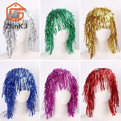 1Pc Foil Tinsel Wigs Costume Cosplay Supplies Funny Shiny Women Metallic Hair Accessories For Party Carnival Masquerade Wig