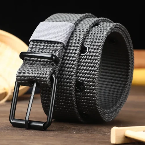 Perforated canvas belt, men’s needle buckle belt