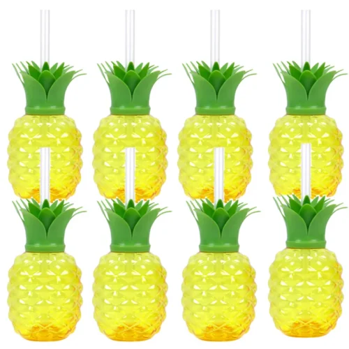 8Pcs Plastic Pineapple Cups with Straw Strawberry Cup Hawaiian Luau Birthday Party Decoration Tropical Summer Beach Drinking Cup