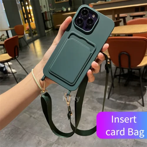 Luxury Noble Green Insert Card Bag Soft Phone Case For iPhone Crossbody Lanyard Rope Cover