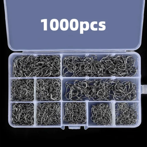 1000PCS Fishing Hooks Set High Carbon Steel Sharp Durable Barbed Fishhook Rock Fishing Equipment Gear Tackle Accessories with bo