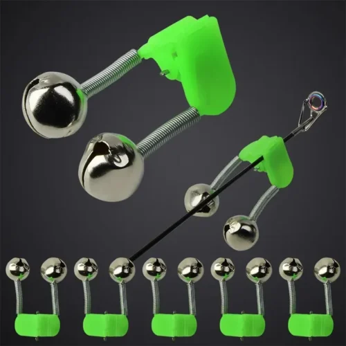 5pcs/lot Fishing Bite Alarms Fishing Rod Bell Rod Clamp Tip Clip Bells Ring Green ABS Fishing Accessory Outdoor Metal