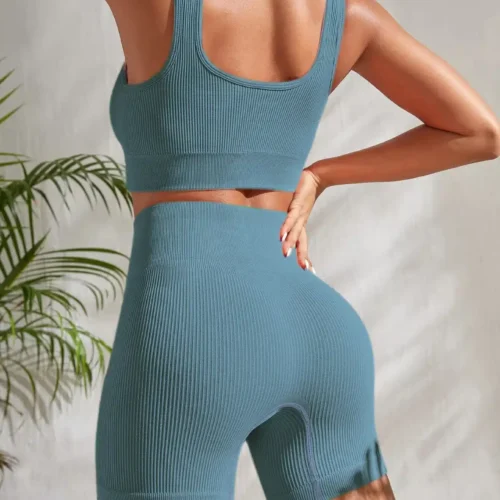 Seamless Ribbed Yoga Sets Workout Sets for Women 2 Pieces Gym Suits Ribbed Crop Tank High Waist Shorts Outfits Fitness Running