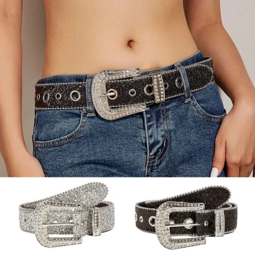 Gothic Black Silver Metal Buckle Rhinestone Belt Body Four Seasons Y2K Style Womens Jeans Belt