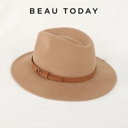 BEAUTODAY Panama Hat Women Sheep Wool Solid Color Sun Protect Belt Elegant French Style