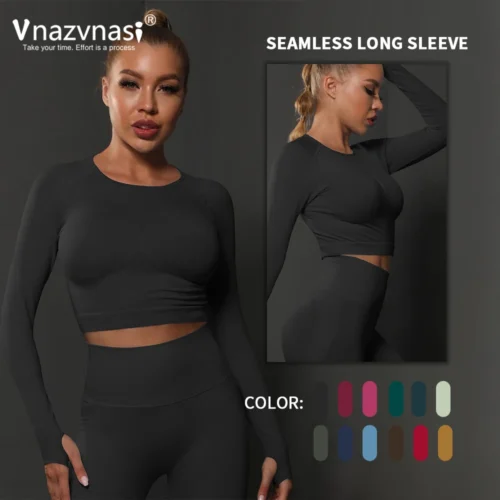 Vnazvnasi Seamless Elastic Sports Long Sleeve Top With Finger Cutout Yoga Shirt for Fitness Workout Sportswear Women Gym Clothes