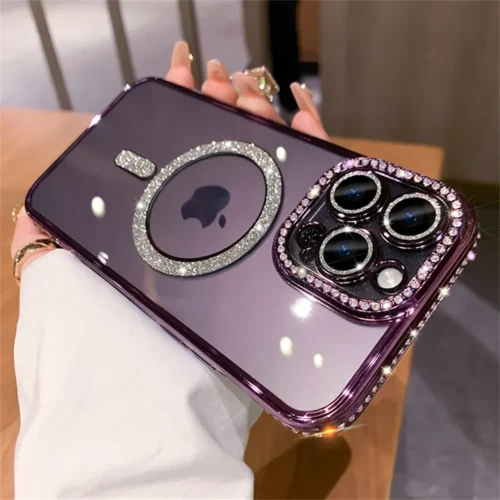Luxury Diamond Glitter Magnetic Charging Soft Case for Magsafe iPhone Transparent Shockproof Cover