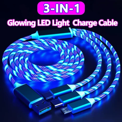 Glowing LED Light 3 in 1 3A Fast Charging Micro USB Type C Cable For Samsung Xiaomi Redmi Huawei Honor Phone Charger USB Cable
