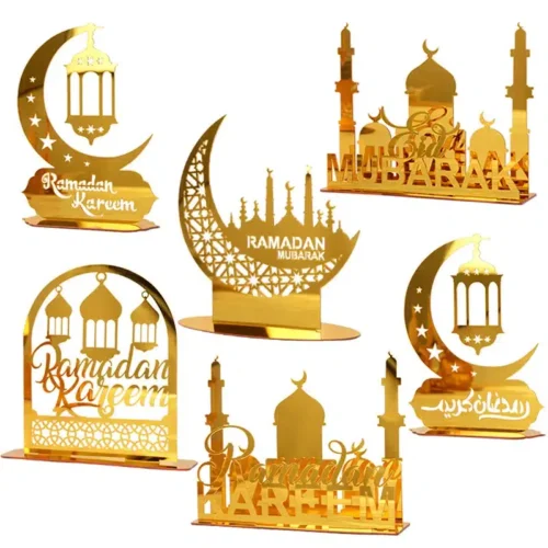 Gold Acrylic Ramadan Kareem Ornaments Moon Star Lantern Eid Mubarak Home Table Decorations 2024 Islam Muslim Festival Party Gift