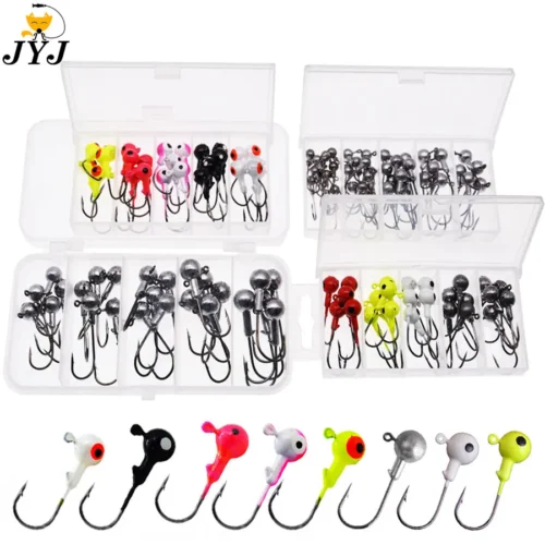JYJ a box 1g 1.5g 2g 3g 3.5g fishing hook jig round head hook with mix colors , fishing tackle hook for soft grub worm baits