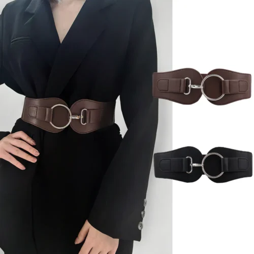 Luxury ladies’ wide belt elastic vintage buckle leather
