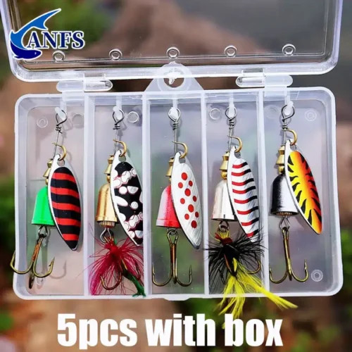5pcs Fishing Lure Spinner bait, Bass Trout Salmon Hard Metal Spinner Baits Kit with Tackle Boxes