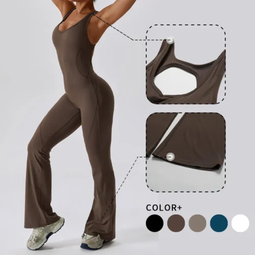 WISRUNING Hollow Out Back Yoga Jumpsuit Flared Trousers Tights Push-up Sports Bodysuit Women Fitness Suit Workout Sportswear Gym
