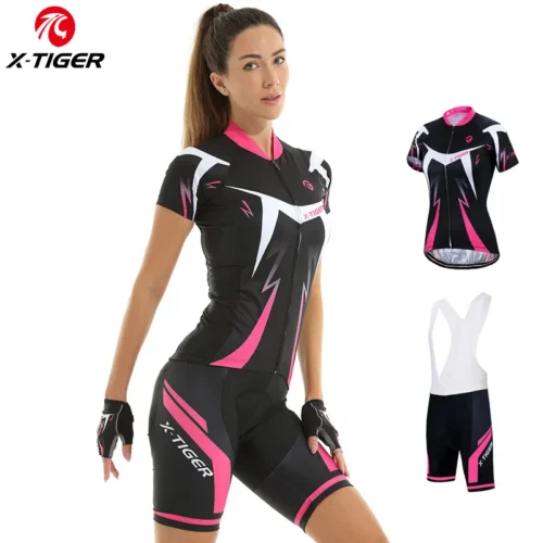 X-Tiger Women’s Bib Cycling Set Summer Short Sleeve Suit Anti-UV Bicycle Clothing Quick-Dry Jersey Mountain Female Bike Clothes
