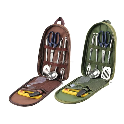 7pcs Camping Kitchen Utensil Set with Carrying Bag BBQ Beach Hiking Travel Organizer Storage Pack Cook Gadgets Equipment Gear