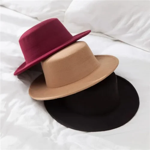 Flat Top Fedoras Hats for Women Solid Color Imitation Woolen Jazz Cap