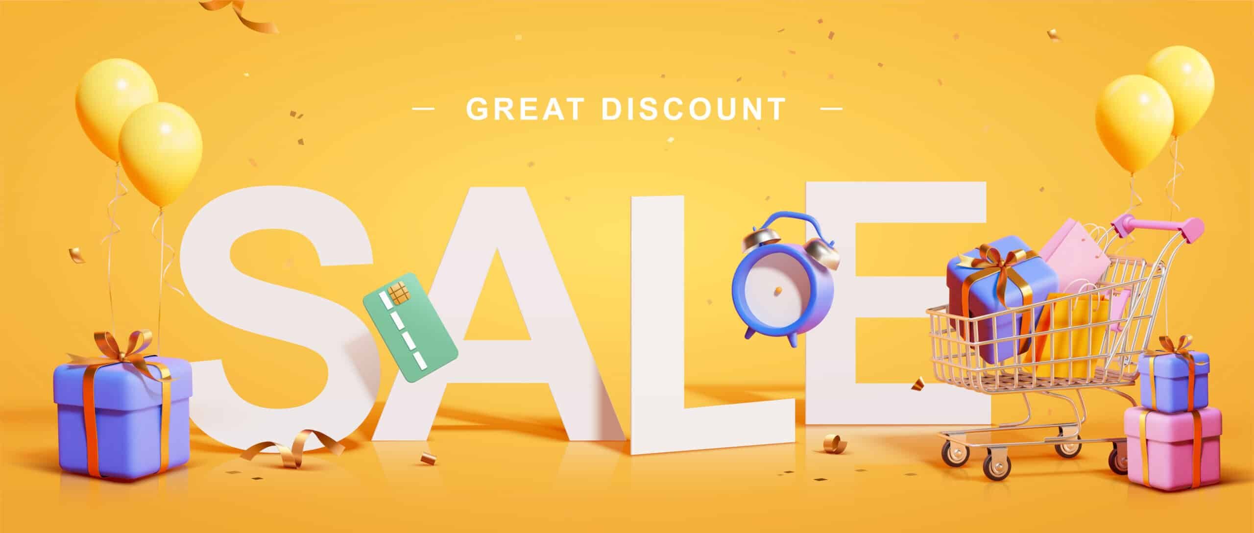 3d yellow great discount sale background. Illustration of large SALE word with shopping cart, gift boxes, credit card and countdown clock.