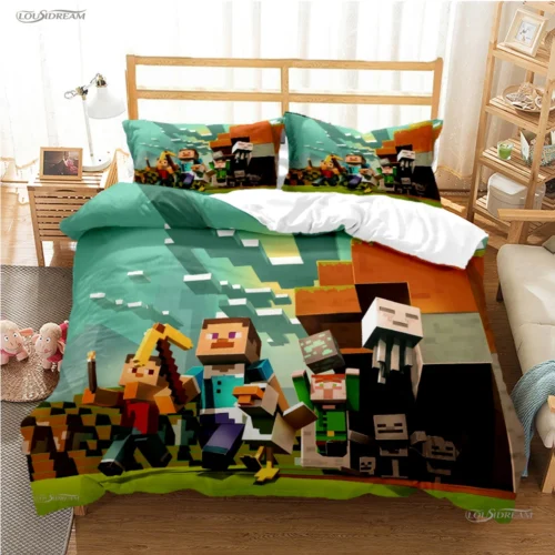 3D Mine Sandbox Games Duvet Cover Cartoon Bedding sets Soft Quilt Cover and Pillowcases for Teens Kids Single/Double/Queen/King