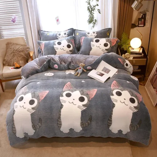 Bonenjoy 1pc Flannel Duvet Cover Cartoon Cats Quilt Cover for Kids Winter Warm house de couette220x240cm (without pillowcase)