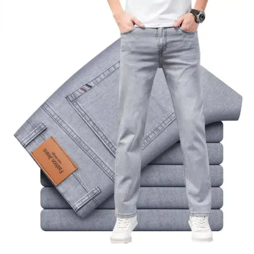 2023 Brand Thin or Thick Material Straight Cotton Stretch Denim Men’s  Business Casual High Waist Light Grey Blue Jeans
