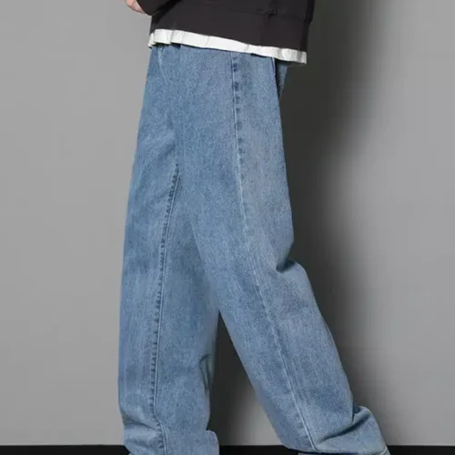 2023 New Korean Men’s Casual Long Jeans Classic Man Straight Denim Wide-leg Pants Solid Color Light Blue Grey Black 3XL