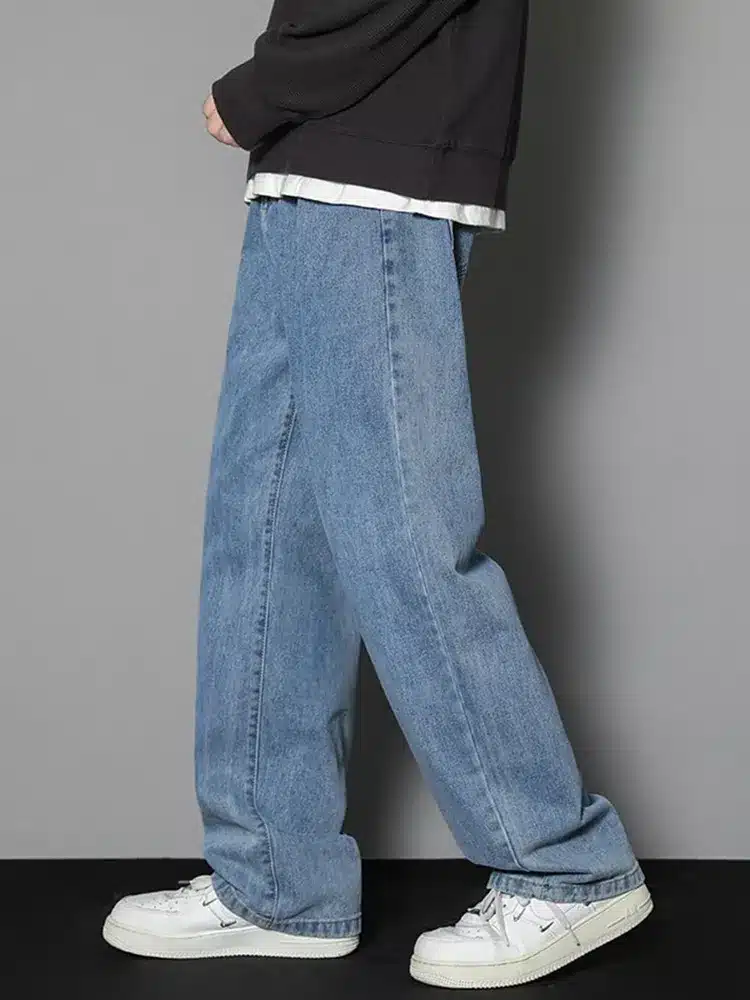 2023 New Korean Men’s Casual Long Jeans Classic Man Straight Denim Wide-leg Pants Solid Color Light Blue Grey Black 3XL