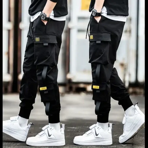 Men’s Cargo Pants Casual Hip Hop Hit Color Multiple Pockets Trousers Streetwear Ribbons Techwear Sweatpants