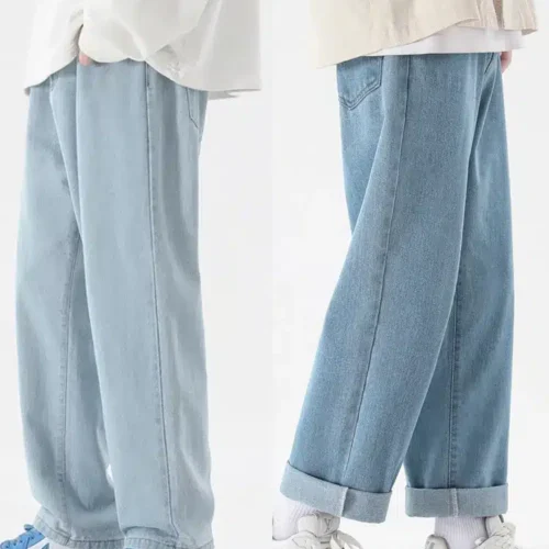 2023 New Korean Fashion Men’s Casual Ankle-Length Jeans Classic Man Straight Denim Wide-leg Pants Light Blue Grey Black 3XL