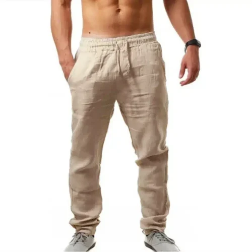 Men’s Cotton Linen Long Pants Summer Solid Color Breathable Linen Trousers Male Casual Elastic Waist Casual Pants Harajuku Trous