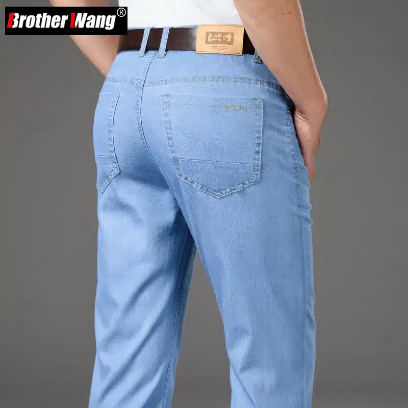 Classic Style Summer Men’s Light Blue Thin Straight Jeans Business Casual Stretch Denim Pants Male Brand Loose Trousers