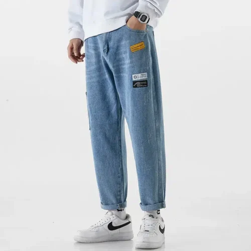 2023 New Korean Fashion Men’s Jeans Classic Man Straight Denim Wide-leg Pants Solid Color Bagy Light Blue Grey Black 3XL