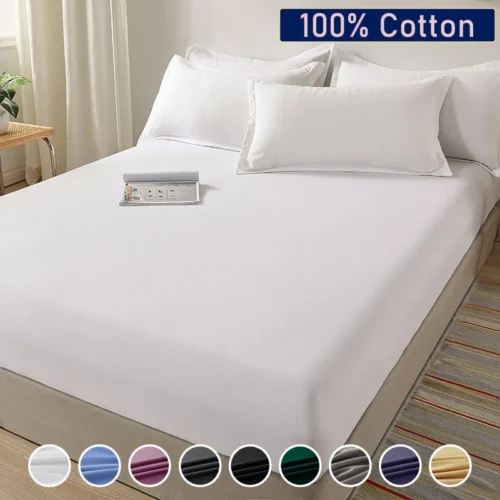100% Cotton Fitted Bed Sheet with Elastic Band Solid Color Mattress Cover for Single Double King Queen Bed 140/150/160/180×200