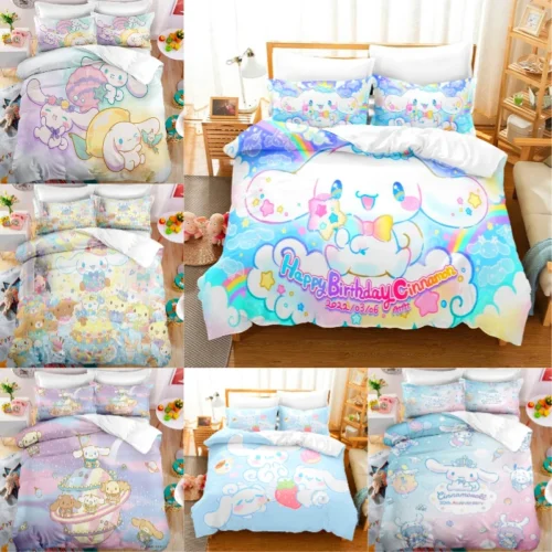 Cartoon Anime Sanrio Bedding Set Kawaii Cinnamoroll Quilt Cover Duvet Cover Pillowcase Kids Girls Bed Set Twin King Size