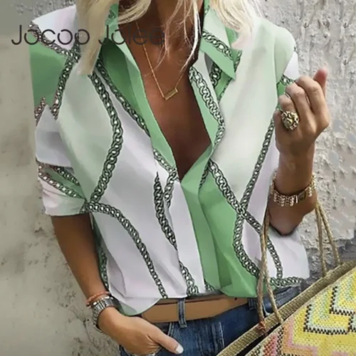 Jocoo Jolee Women Casual Blouse Long Sleeve Chain t Shirt Print Office Turn Down Collar Tee Elegant Work Oversized Tops Tunic