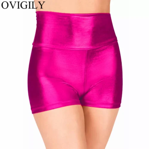 OVIGILY Women Fuchsia Metallic Dance Shorts Shiny Workout Shorts For Girls Gymnastics Red High Waisted Shorts Skinny Underpants