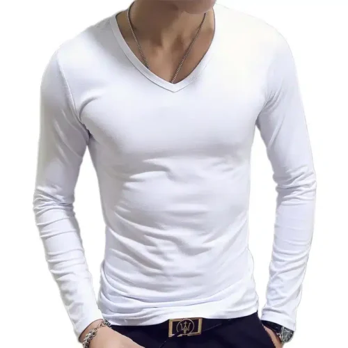 V Neck Mens T-Shirts Plain Long Sleeve T Shirt Men Slim Fit Undershirt Armor Summer Casual Tee Tops Underwear Tshirt White Black