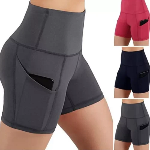 Gym Jogging Running Shorts Yoga Shorts Women High Waist Lifting Push-Up Tight Sports Pocket Fitness Yoga Short Pants