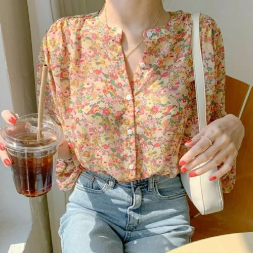 Women Elegant Print Chiffon Blouse Spring Summer Casual Long Sleeve V Neck Loose Shirt Office Lady Button Sweet Tops 2023