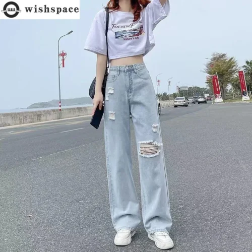 Pierced High Waist Jeans Women’s Spring and Summer Thin Straight Tube Loose 2022 New Fashion Casual Thin Wide Leg Pants